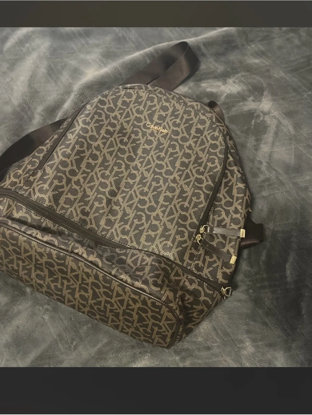 Calvin Klein Dark Brown Monogram Backpack with Gold Hardware
